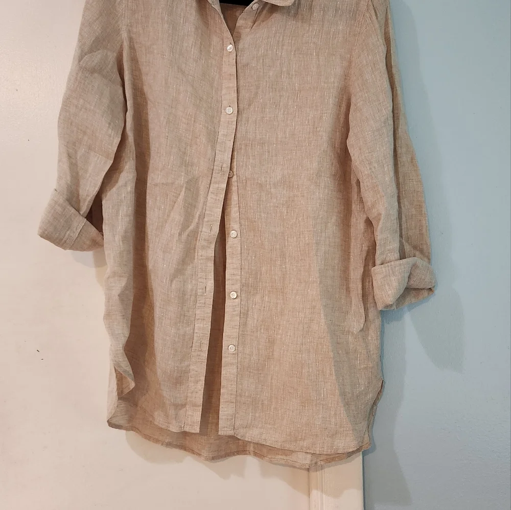 J.McLaughlin tan/white striped, large, Britt Linen Shirt - Picture 7 of 11